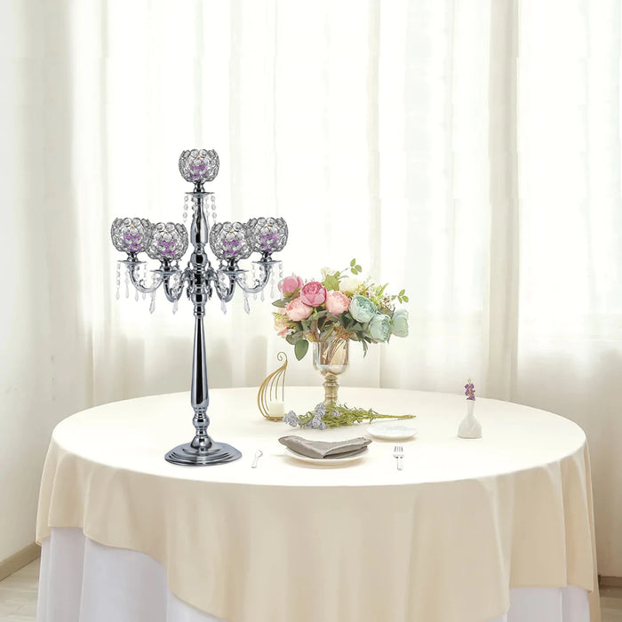 5 Arms Tall Floor Candelabra/Crystal Candlestick Holders - Silver