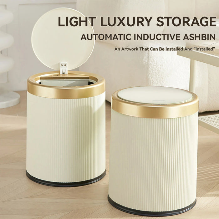 Gold-Rimmed Motion Sensor Trash Can – 13L Capacity, Touch-Free Design