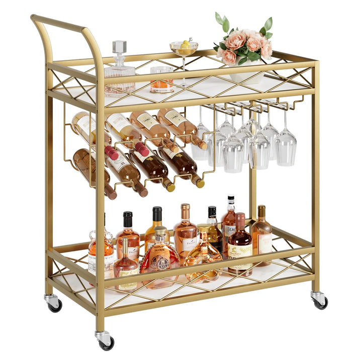 Gold Glam Bar Cart with Wine & Glass Storage – 2-Tier Marble Look & Locking Wheels