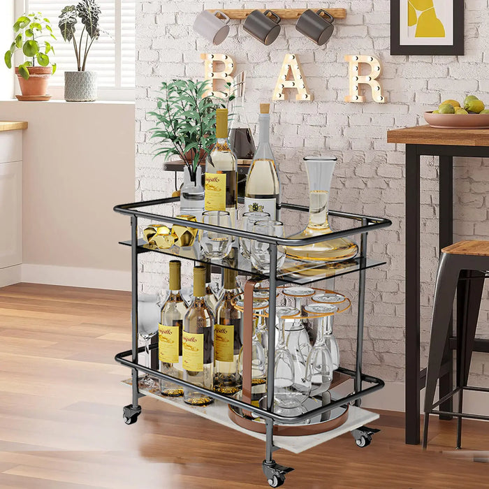 Luxury 2-Tier Rolling Bar Cart – Modern Serving Cart with Tempered Glass & Sintered Stone Shelves