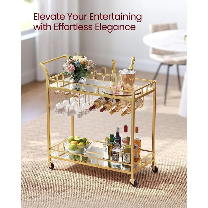 Gold Rolling Bar Cart with 2 Mirrored Shelves & Wine Storage
