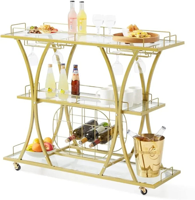 3-Tier Gold Bar Cart with Wine Rack & Glass Holders