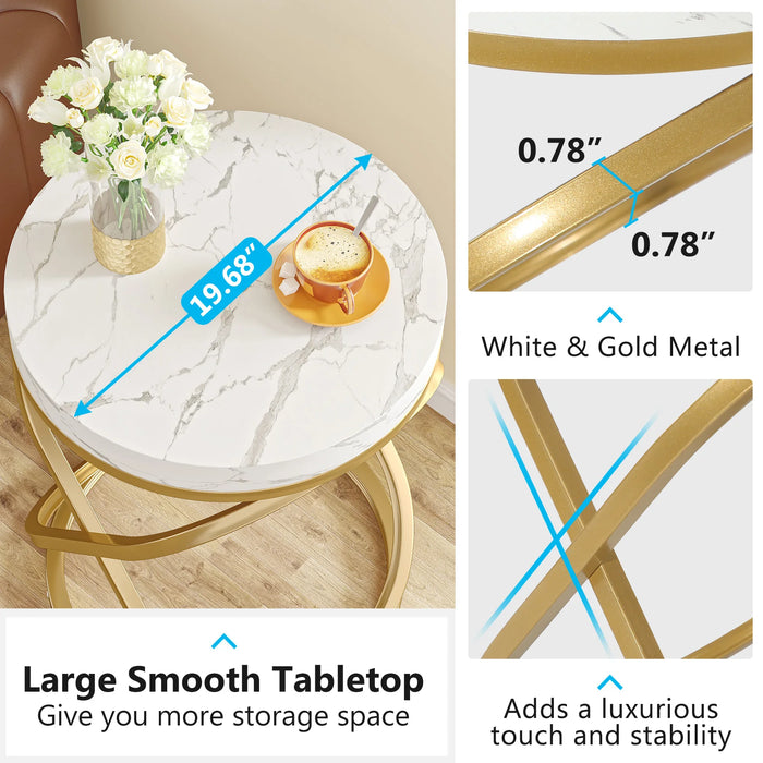 Gold & White Faux Marble Side Table – H: 26"