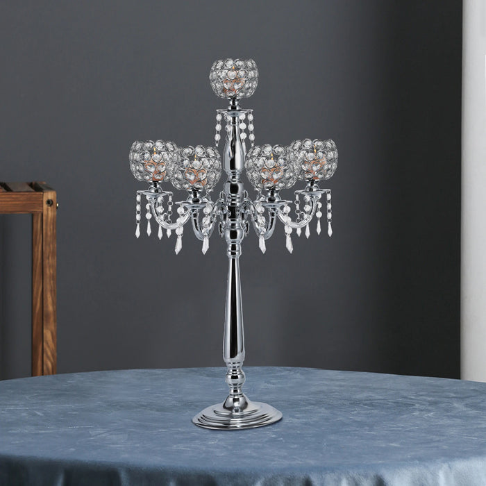 5 Arms Tall Floor Candelabra/Crystal Candlestick Holders - Silver