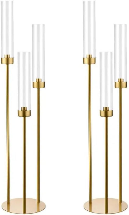 Set of 2 Gold 3-Arm Floor Candelabras – Tall Candle Holders with Acrylic Shades