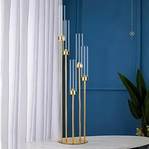 2-Piece, 5-Arm Gold Floor Candelabra Set with Acrylic Shades