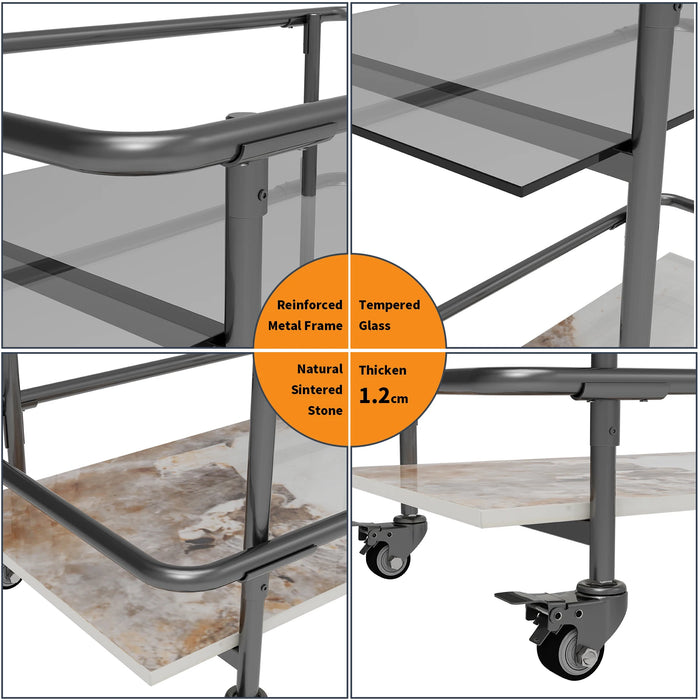 Luxury 2-Tier Rolling Bar Cart – Modern Serving Cart with Tempered Glass & Sintered Stone Shelves