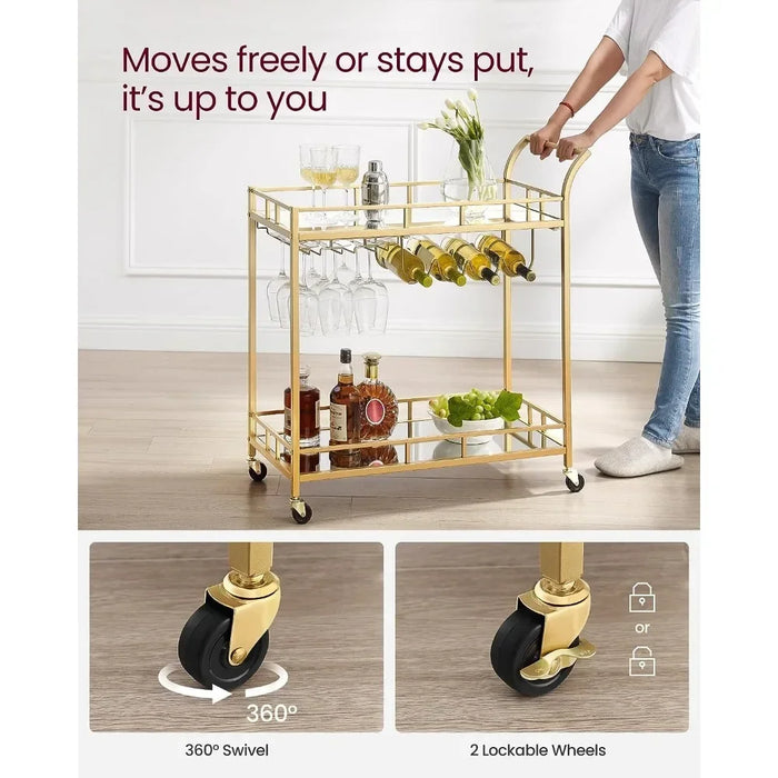 Gold Rolling Bar Cart with 2 Mirrored Shelves & Wine Storage