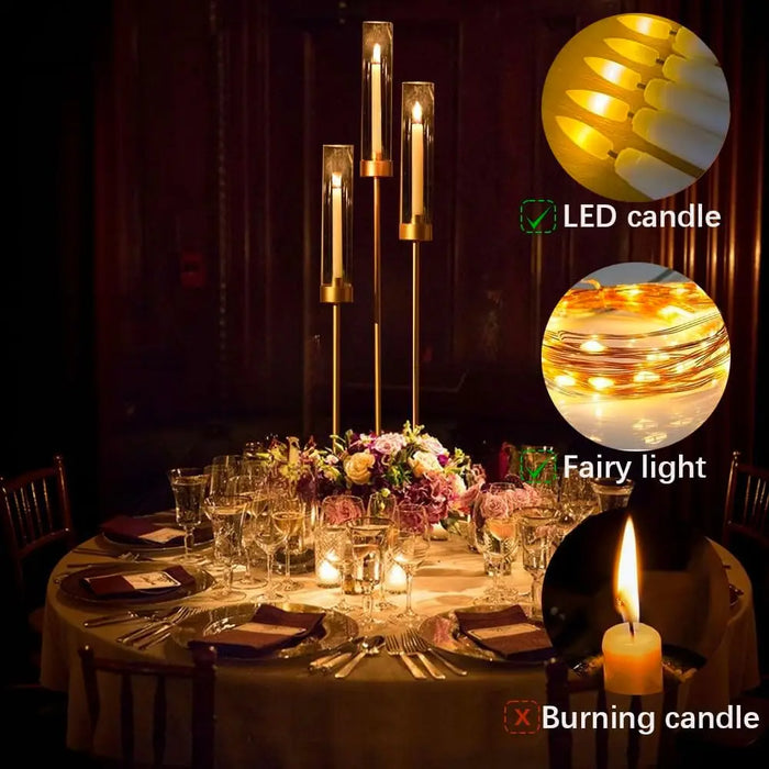 Set of 2 Gold 3-Arm Floor Candelabras – Tall Candle Holders with Acrylic Shades
