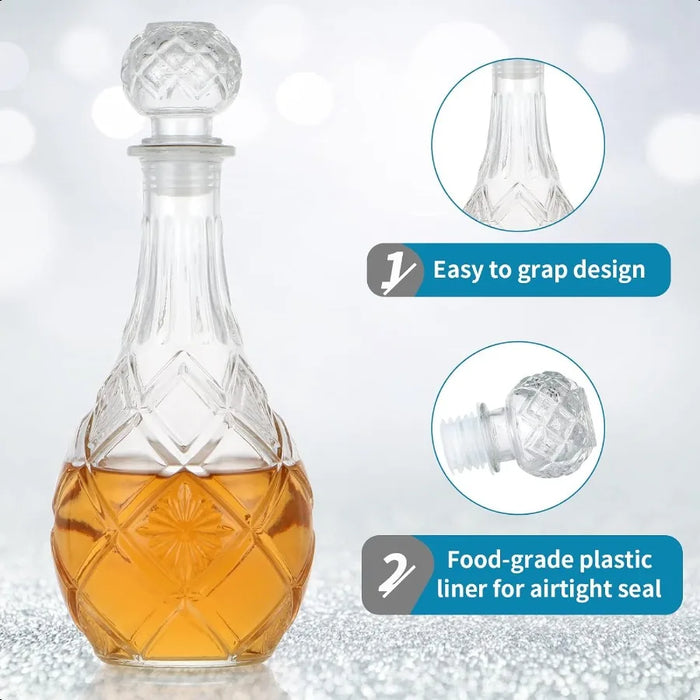 Round, Diamond-Cut Glass Whiskey Decanter with Airtight Stopper — 1000ml